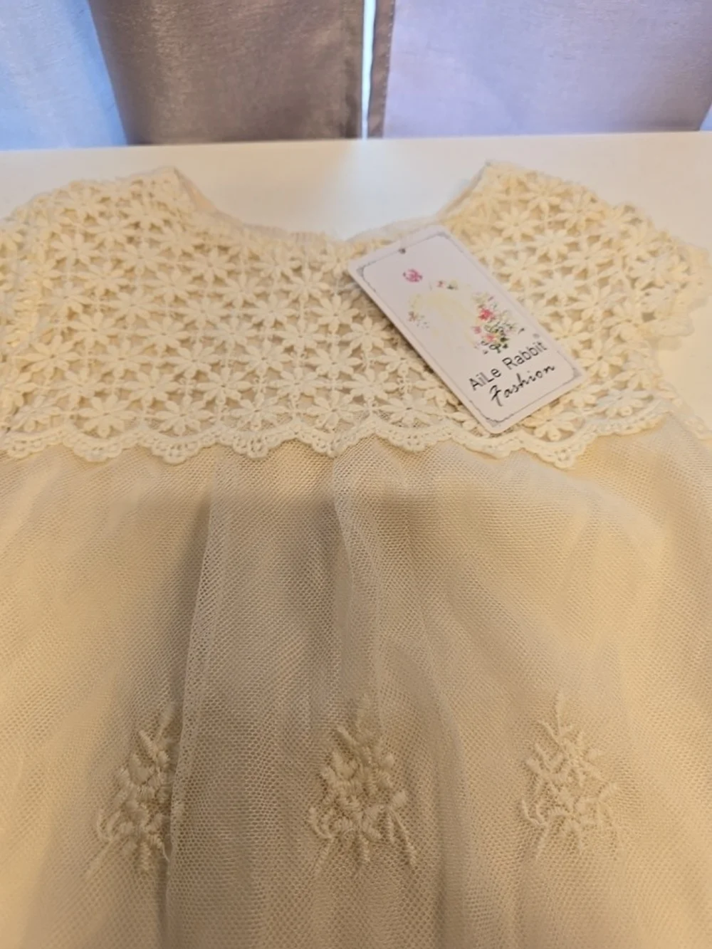 Girls' Cream Lace Dress - Elegant Embroidered Party Dress Christening 4t